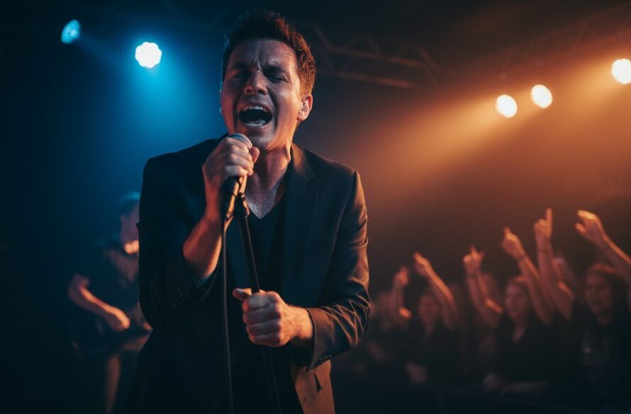 Dynamic stage shot showcasing a lead guitarist mid-shred at a Manifold Heights venue, with dramatic lighting and a cheering crowd in the background, perfectly embodying Manifold Heights Live Gig Photography Captures.