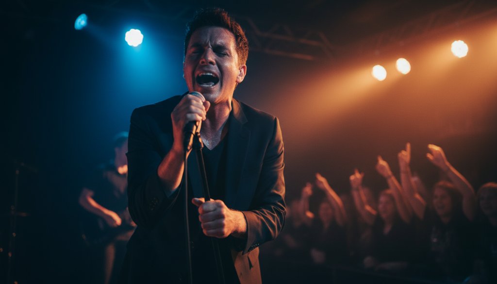 Dynamic stage shot showcasing a lead guitarist mid-shred at a Manifold Heights venue, with dramatic lighting and a cheering crowd in the background, perfectly embodying Manifold Heights Live Gig Photography Captures.
