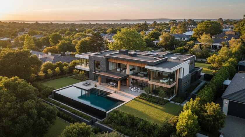 An aerial view of a modern luxury home in Manifold Heights, bathed in golden hour light, showcasing its expansive gardens and Geelong bay views, expertly captured by Manifold Heights luxury property photography experts Victoria, highlighting its architectural beauty and prime location.