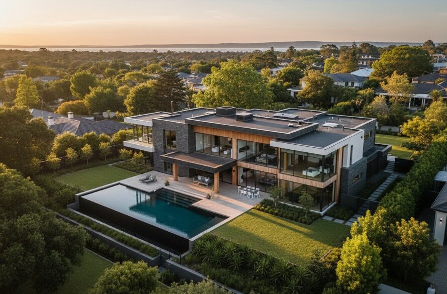 An aerial view of a modern luxury home in Manifold Heights, bathed in golden hour light, showcasing its expansive gardens and Geelong bay views, expertly captured by Manifold Heights luxury property photography experts Victoria, highlighting its architectural beauty and prime location.