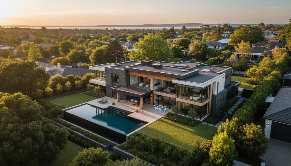 An aerial view of a modern luxury home in Manifold Heights, bathed in golden hour light, showcasing its expansive gardens and Geelong bay views, expertly captured by Manifold Heights luxury property photography experts Victoria, highlighting its architectural beauty and prime location.