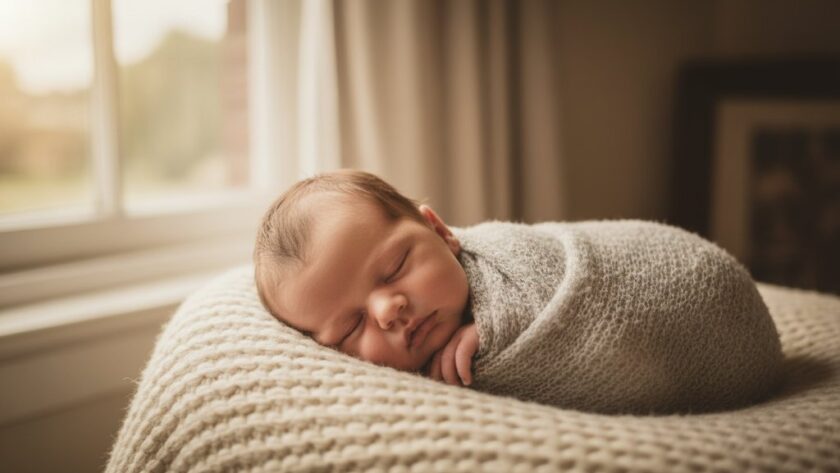 Manifold Heights newborn photography Geelong: A serene baby peacefully sleeping, swaddled in soft fabric, bathed in warm, ethereal window light, captured in a professional, artistic close-up.