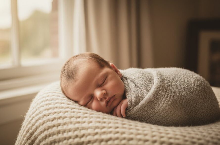 Manifold Heights newborn photography Geelong: A serene baby peacefully sleeping, swaddled in soft fabric, bathed in warm, ethereal window light, captured in a professional, artistic close-up.