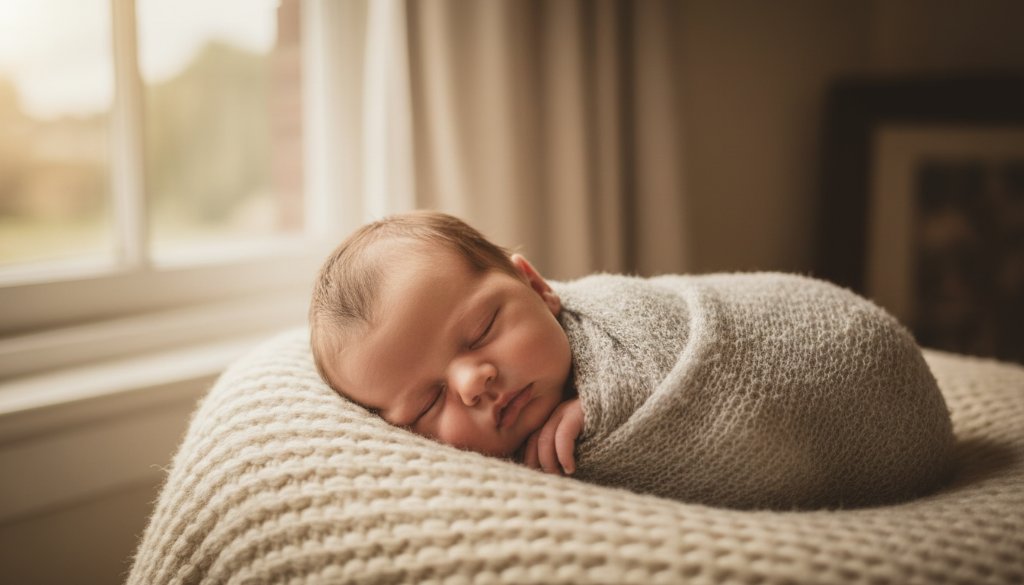 Manifold Heights newborn photography Geelong: A serene baby peacefully sleeping, swaddled in soft fabric, bathed in warm, ethereal window light, captured in a professional, artistic close-up.
