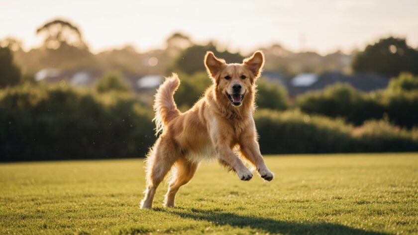 A heartwarming, professionally colour-graded photograph of a golden retriever joyfully running through the golden hour light in a Manifold Heights park, capturing a cherished dog moment with dynamic movement and a soft, ethereal glow.