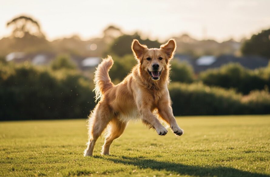 A heartwarming, professionally colour-graded photograph of a golden retriever joyfully running through the golden hour light in a Manifold Heights park, capturing a cherished dog moment with dynamic movement and a soft, ethereal glow.