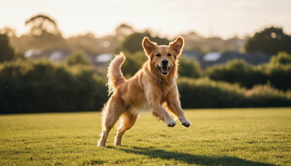 A heartwarming, professionally colour-graded photograph of a golden retriever joyfully running through the golden hour light in a Manifold Heights park, capturing a cherished dog moment with dynamic movement and a soft, ethereal glow.