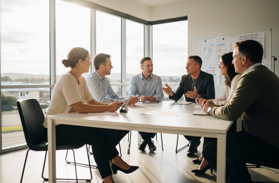An inspiring wide-angle shot capturing a diverse team of professionals collaborating with enthusiasm in a modern, light-filled Manifold Heights office space, bathed in golden hour sunlight, highlighting the essence of Manifold Heights professional corporate photography for businesses.