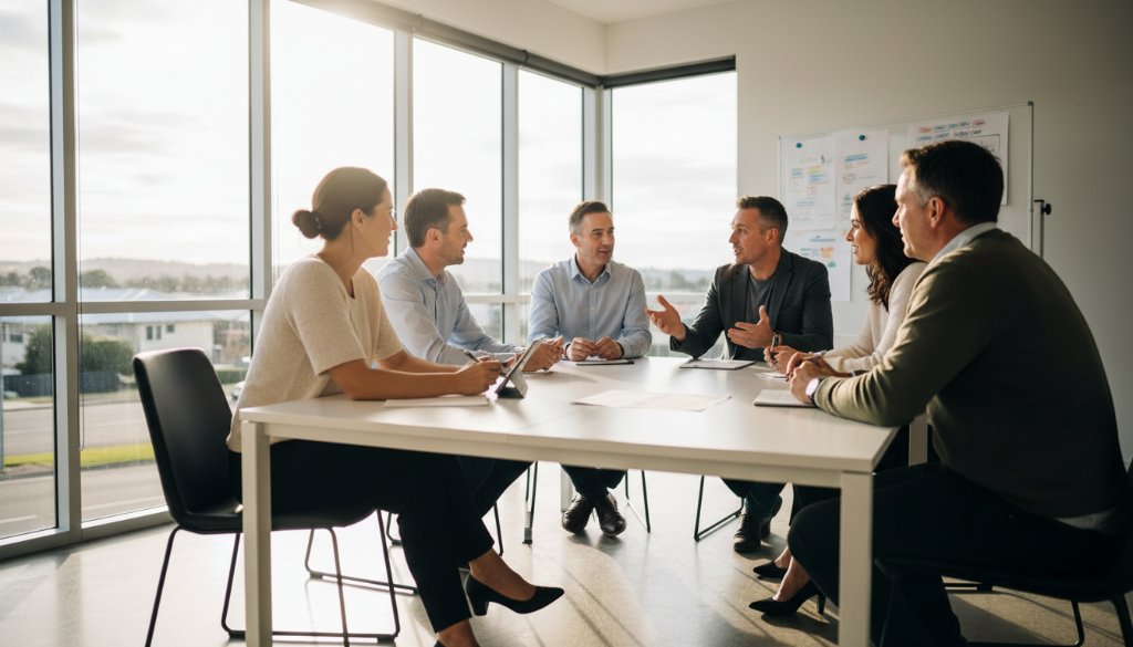 An inspiring wide-angle shot capturing a diverse team of professionals collaborating with enthusiasm in a modern, light-filled Manifold Heights office space, bathed in golden hour sunlight, highlighting the essence of Manifold Heights professional corporate photography for businesses.
