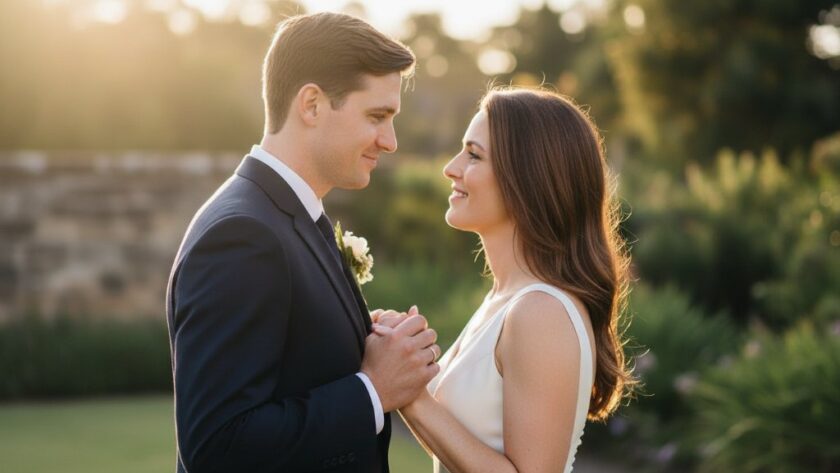 Manifold Heights romantic wedding photography capturing a newlywed couple's joyful embrace with the sun setting dramatically over a heritage garden, showcasing their intimate connection.