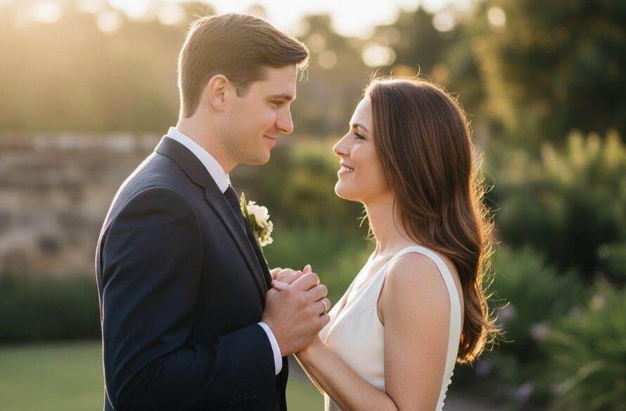 Manifold Heights romantic wedding photography capturing a newlywed couple's joyful embrace with the sun setting dramatically over a heritage garden, showcasing their intimate connection.