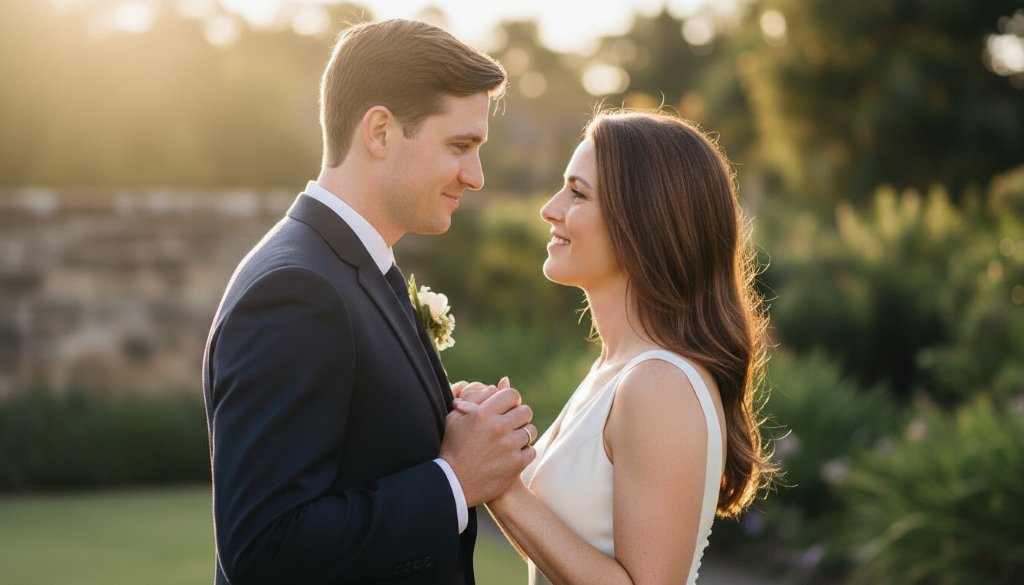 Manifold Heights romantic wedding photography capturing a newlywed couple's joyful embrace with the sun setting dramatically over a heritage garden, showcasing their intimate connection.