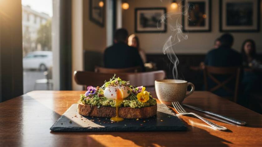 Dramatic overhead shot showcasing a beautifully plated brunch dish in a sun-drenched Manor Lakes cafe, highlighting expert Manor Lakes cafe food photography that sells, with steam rising gracefully and a professional bokeh background.