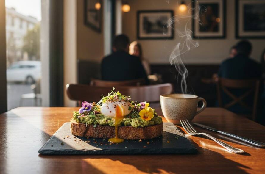 Dramatic overhead shot showcasing a beautifully plated brunch dish in a sun-drenched Manor Lakes cafe, highlighting expert Manor Lakes cafe food photography that sells, with steam rising gracefully and a professional bokeh background.