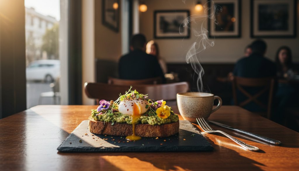 Dramatic overhead shot showcasing a beautifully plated brunch dish in a sun-drenched Manor Lakes cafe, highlighting expert Manor Lakes cafe food photography that sells, with steam rising gracefully and a professional bokeh background.
