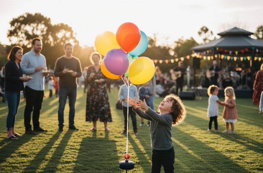 Capturing Manor Lakes community event photography excellence with a candid, wide-angle shot of joyful families cheering at a vibrant outdoor festival in Manor Lakes, Victoria, bathed in golden hour light, showing genuine community spirit and epic celebration.