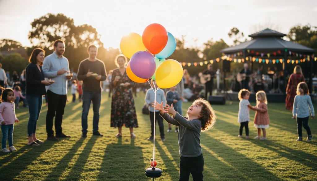Capturing Manor Lakes community event photography excellence with a candid, wide-angle shot of joyful families cheering at a vibrant outdoor festival in Manor Lakes, Victoria, bathed in golden hour light, showing genuine community spirit and epic celebration.