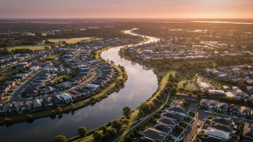 An epic drone photography shot over Manor Lakes, Victoria, showcasing a vibrant sunset casting golden light over the Werribee River and the meticulously planned residential areas. The image captures the dynamic intersection of natural beauty and modern development, with a dramatic sky and professional colour grading, embodying the stunning aerial views of Manor Lakes drone photography.