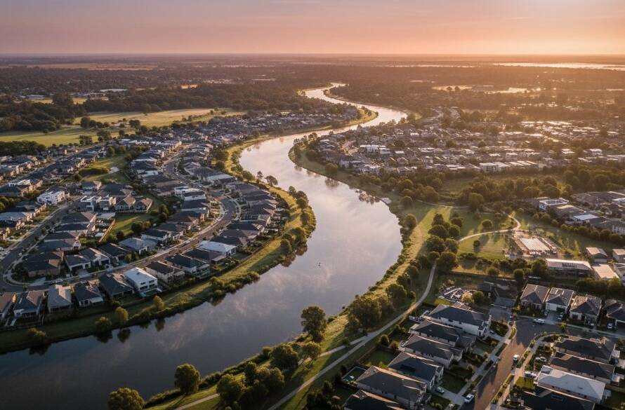 An epic drone photography shot over Manor Lakes, Victoria, showcasing a vibrant sunset casting golden light over the Werribee River and the meticulously planned residential areas. The image captures the dynamic intersection of natural beauty and modern development, with a dramatic sky and professional colour grading, embodying the stunning aerial views of Manor Lakes drone photography.
