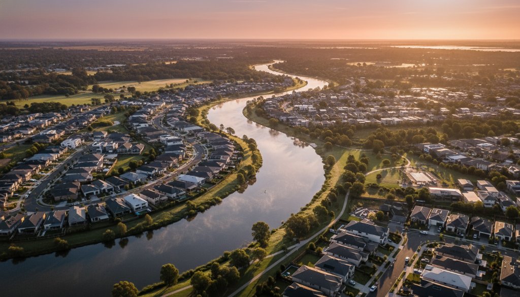An epic drone photography shot over Manor Lakes, Victoria, showcasing a vibrant sunset casting golden light over the Werribee River and the meticulously planned residential areas. The image captures the dynamic intersection of natural beauty and modern development, with a dramatic sky and professional colour grading, embodying the stunning aerial views of Manor Lakes drone photography.
