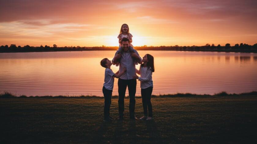 An epic moment of a family laughing joyfully by the lake at sunset in Manor Lakes, showcasing professional Manor Lakes family photography capturing genuine joy, with warm golden hour light and a cinematic, colour-graded finish.
