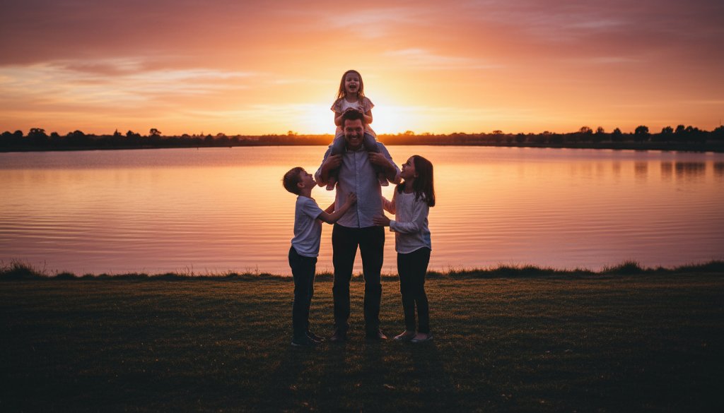 An epic moment of a family laughing joyfully by the lake at sunset in Manor Lakes, showcasing professional Manor Lakes family photography capturing genuine joy, with warm golden hour light and a cinematic, colour-graded finish.
