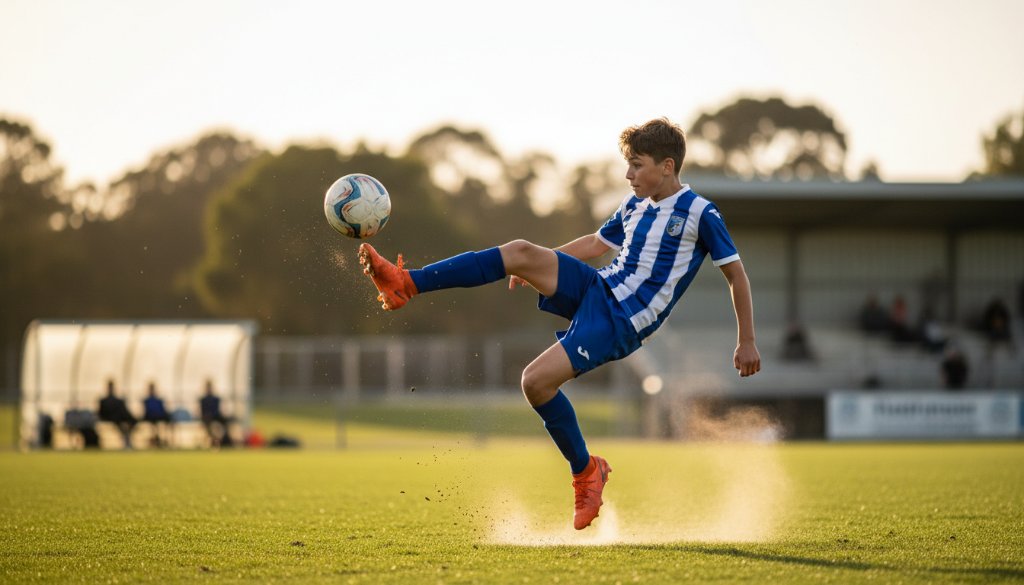 Dynamic action shot capturing an athlete's triumphant jump during a Manor Lakes Junior Sports Photography Action event, with dramatic lighting and a blurred background, showcasing skill and determination.