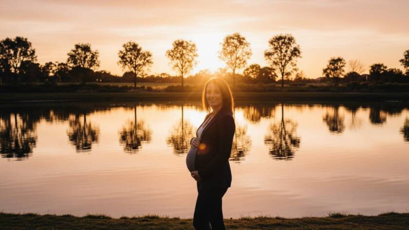 An epic moment of a pregnant woman, silhouetted by the golden hour sun setting over the tranquil Manor Lakes foreshore, cradling her belly with serene joy, showcasing professional Manor Lakes maternity photography capturing serene moments.