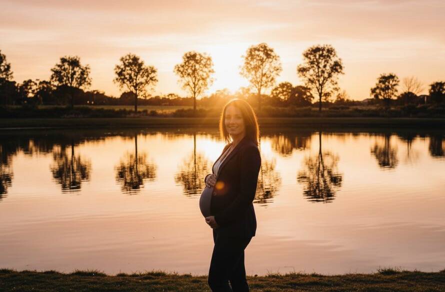 An epic moment of a pregnant woman, silhouetted by the golden hour sun setting over the tranquil Manor Lakes foreshore, cradling her belly with serene joy, showcasing professional Manor Lakes maternity photography capturing serene moments.