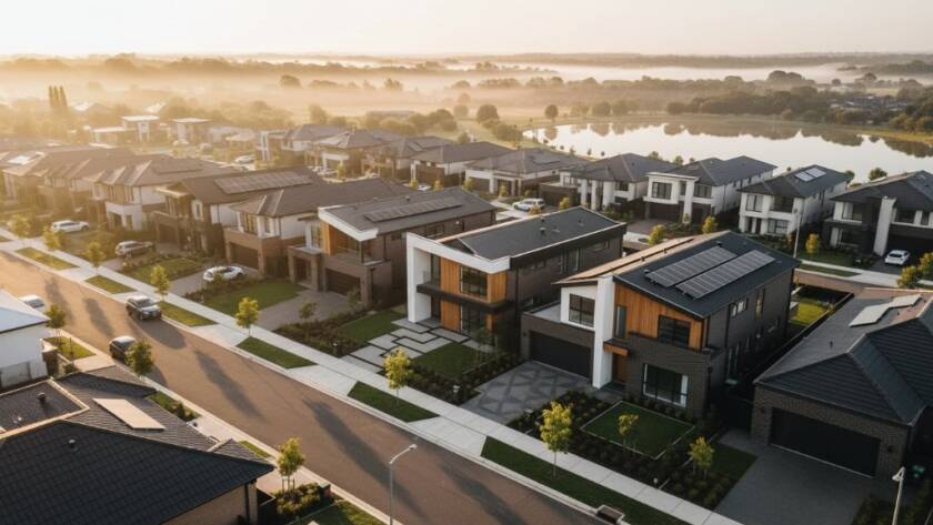 An aerial, wide-angle shot of a stunning modern home in Manor Lakes, Victoria, bathed in the golden hour light, highlighting its unique architectural lines and landscaping, perfect for Manor Lakes modern architectural photography.