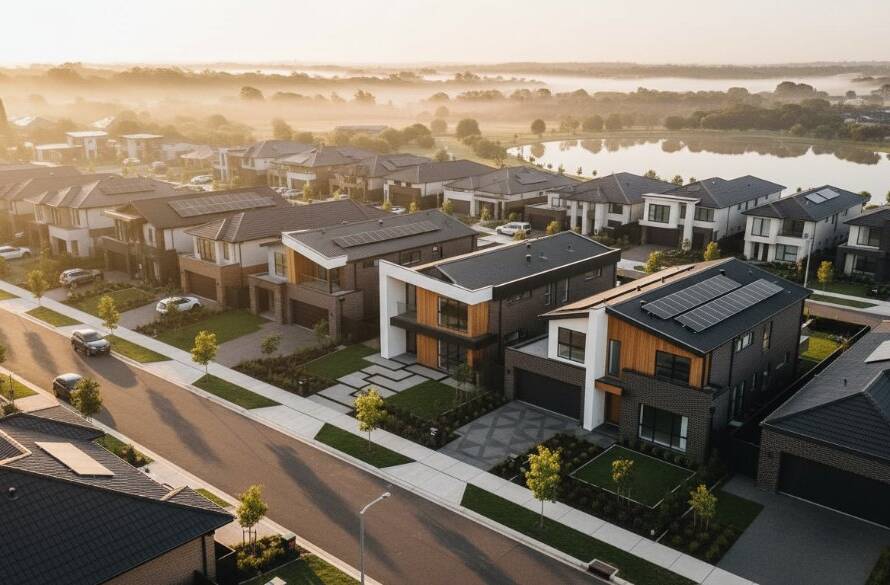 An aerial, wide-angle shot of a stunning modern home in Manor Lakes, Victoria, bathed in the golden hour light, highlighting its unique architectural lines and landscaping, perfect for Manor Lakes modern architectural photography.