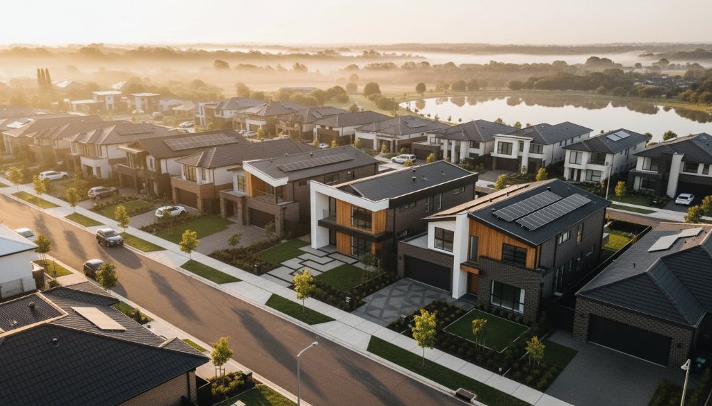 An aerial, wide-angle shot of a stunning modern home in Manor Lakes, Victoria, bathed in the golden hour light, highlighting its unique architectural lines and landscaping, perfect for Manor Lakes modern architectural photography.