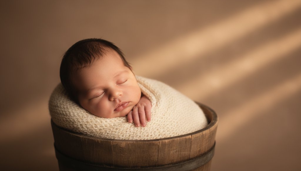 A close-up, warm-toned portrait from Manor Lakes newborn photography capturing tiny details, showing a sleeping baby's tiny hand gently grasping their parent's finger, bathed in soft, ethereal natural light, with shallow depth of field, evoking a sense of pure love and connection, set against a subtle, elegant backdrop.
