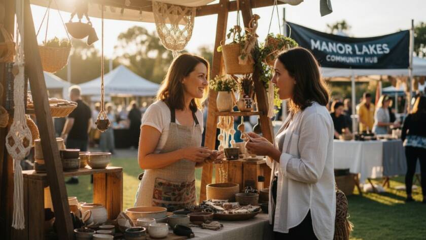 An inspiring 'epic moment' photograph of a female entrepreneur, bathed in warm, cinematic light, engaging with a client in a vibrant, modern cafe in Manor Lakes, showcasing authentic Manor Lakes personal brand photography for local businesses.