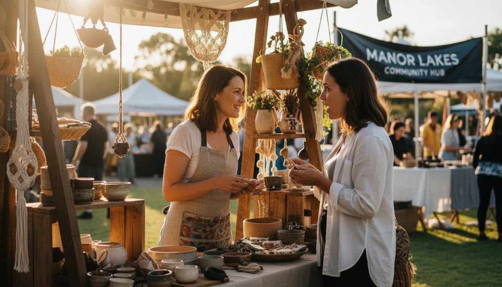 An inspiring 'epic moment' photograph of a female entrepreneur, bathed in warm, cinematic light, engaging with a client in a vibrant, modern cafe in Manor Lakes, showcasing authentic Manor Lakes personal brand photography for local businesses.