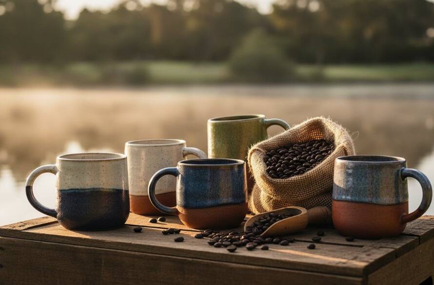A close-up, dramatic shot of beautifully arranged local artisan products, bathed in golden hour light, reflecting in a tranquil pond in a Manor Lakes park, highlighting expert Manor Lakes retail product photography for online stores.