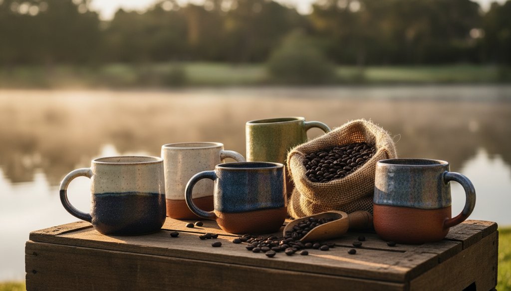 A close-up, dramatic shot of beautifully arranged local artisan products, bathed in golden hour light, reflecting in a tranquil pond in a Manor Lakes park, highlighting expert Manor Lakes retail product photography for online stores.