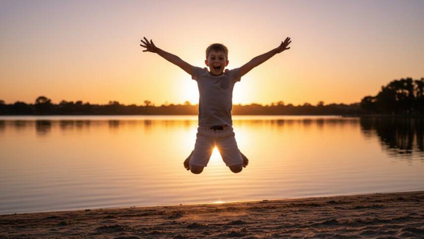 An energetic child mid-jump, arms outstretched, silhouetted against a golden sunset over the lake in Manor Lakes, beautifully capturing a joyful and vibrant kids photography session moment.