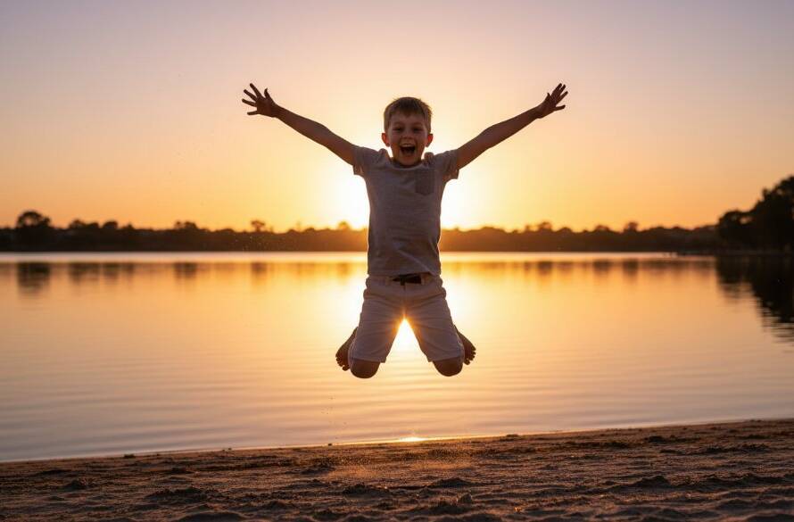An energetic child mid-jump, arms outstretched, silhouetted against a golden sunset over the lake in Manor Lakes, beautifully capturing a joyful and vibrant kids photography session moment.