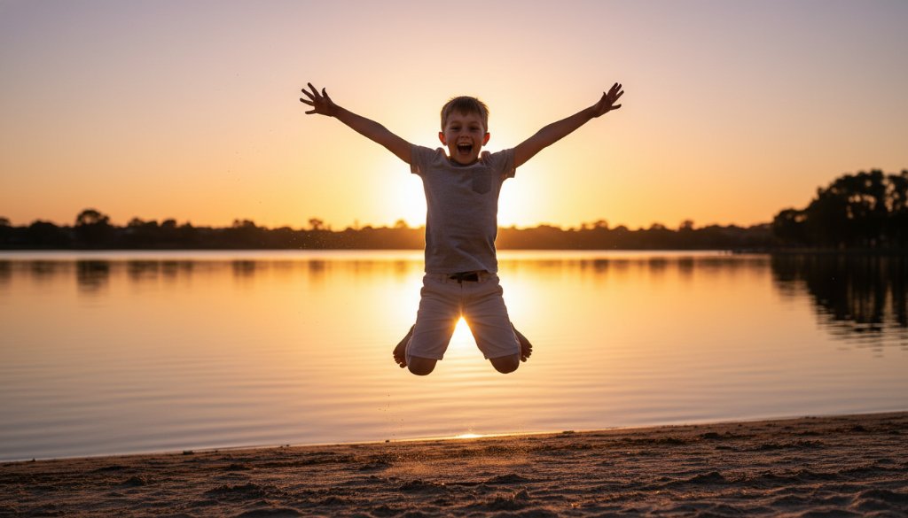 An energetic child mid-jump, arms outstretched, silhouetted against a golden sunset over the lake in Manor Lakes, beautifully capturing a joyful and vibrant kids photography session moment.