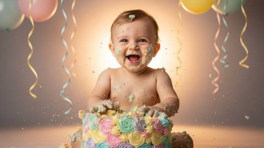 A joyful baby covered in frosting, mid-smash, with vibrant balloons in the background, expertly captured by a Manor Lakes Victoria cake smash photographer, highlighting an epic first birthday moment.