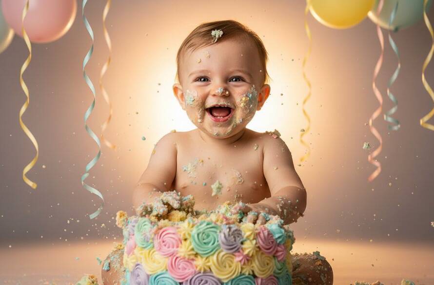 A joyful baby covered in frosting, mid-smash, with vibrant balloons in the background, expertly captured by a Manor Lakes Victoria cake smash photographer, highlighting an epic first birthday moment.
