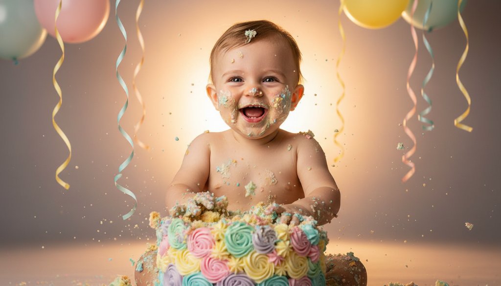 A joyful baby covered in frosting, mid-smash, with vibrant balloons in the background, expertly captured by a Manor Lakes Victoria cake smash photographer, highlighting an epic first birthday moment.