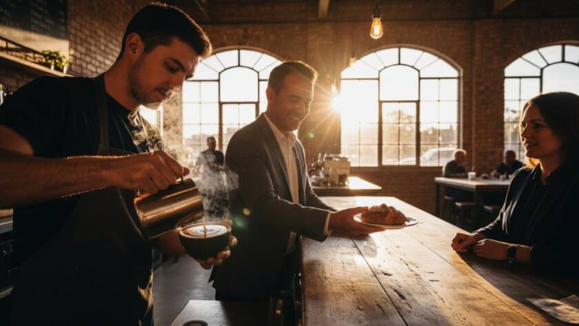 A dynamic, wide-angle shot capturing the essence of Maribyrnong business photography for vibrant local brands, showcasing a local artisan meticulously crafting a product in a sunlit studio, with dramatic lighting highlighting their focused expression and the intricate details of their work.