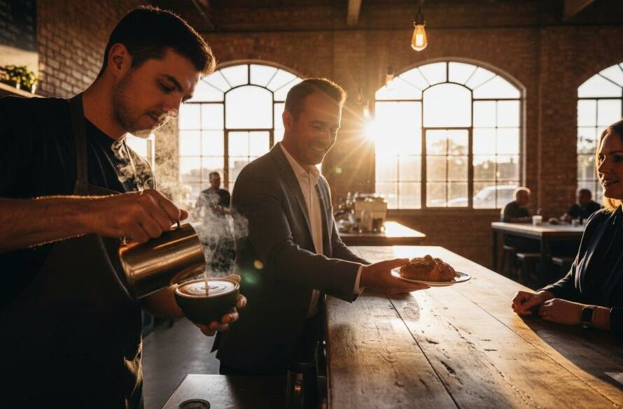 A dynamic, wide-angle shot capturing the essence of Maribyrnong business photography for vibrant local brands, showcasing a local artisan meticulously crafting a product in a sunlit studio, with dramatic lighting highlighting their focused expression and the intricate details of their work.