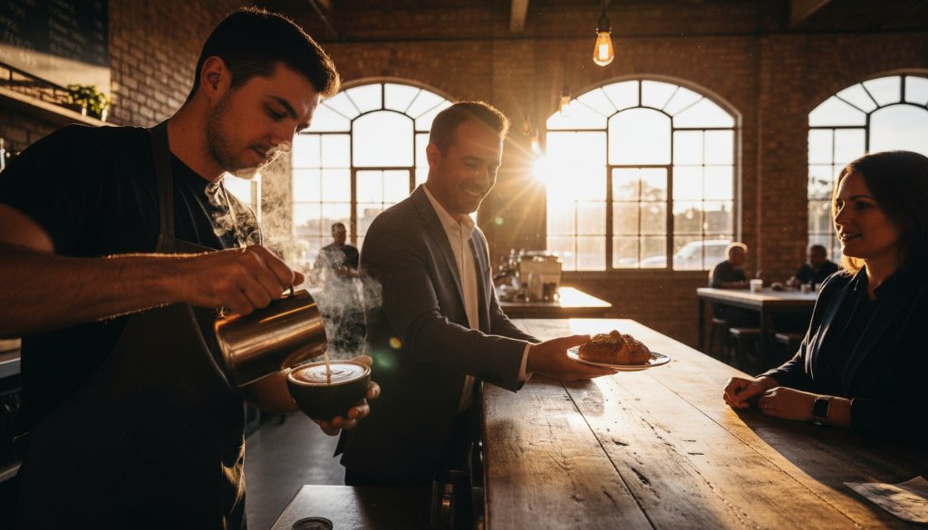 A dynamic, wide-angle shot capturing the essence of Maribyrnong business photography for vibrant local brands, showcasing a local artisan meticulously crafting a product in a sunlit studio, with dramatic lighting highlighting their focused expression and the intricate details of their work.