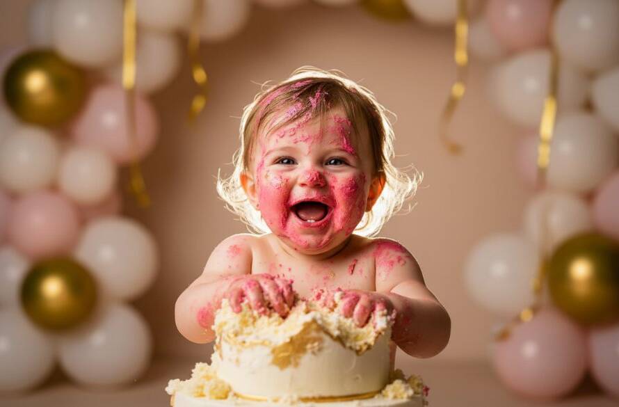 A delighted baby, covered in frosting from a Maribyrnong cake smash photography epic first birthday session, laughing joyously amidst colourful balloons and soft studio lighting, creating an unforgettable and messy masterpiece.