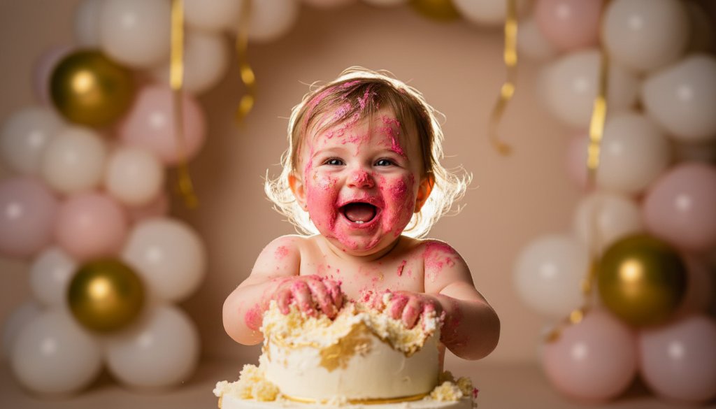 A delighted baby, covered in frosting from a Maribyrnong cake smash photography epic first birthday session, laughing joyously amidst colourful balloons and soft studio lighting, creating an unforgettable and messy masterpiece.