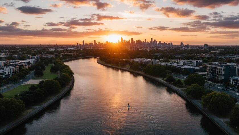An epic moment captured by Maribyrnong drone photography, showcasing a vibrant sunset over the Maribyrnong River with the cityscape in the distance, dramatic light illuminating the water, perfect for captivating aerial perspectives.