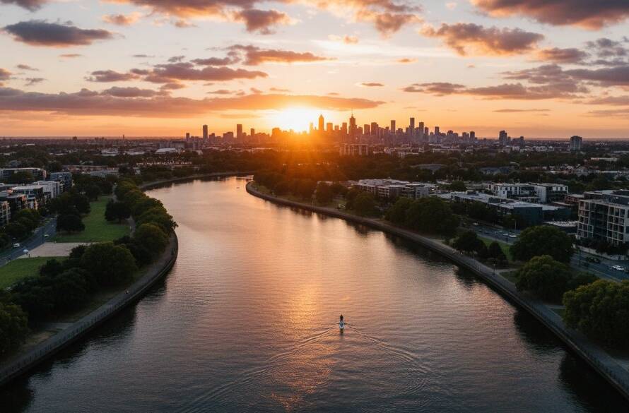 An epic moment captured by Maribyrnong drone photography, showcasing a vibrant sunset over the Maribyrnong River with the cityscape in the distance, dramatic light illuminating the water, perfect for captivating aerial perspectives.
